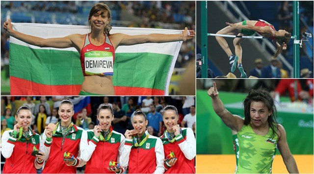 Българските медалисти от Рио (отгоре надолу): Мирела Демирева, ансамбълът по художествена гимнастика и Елица Янкова. 
